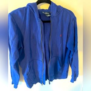 Blue polo hoodie with orange horse